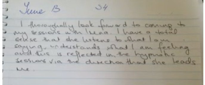 Handwritten note from a client after their fourth session