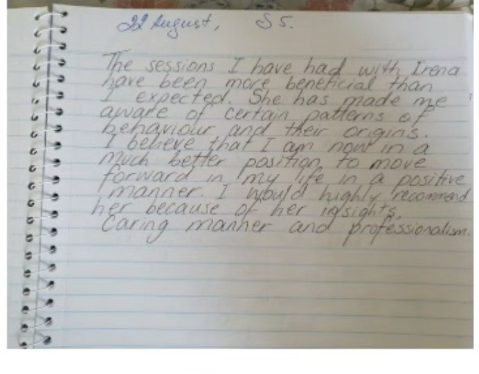 Handwritten note from a client after their fifth session